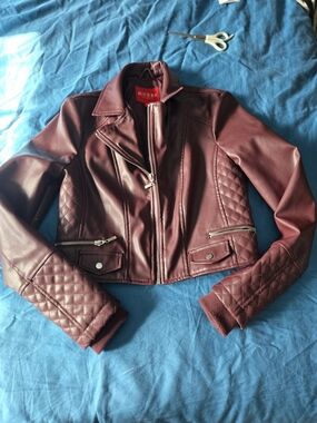 GUESS Women's Quilted Faux-Leather Moto Jacket - Wine